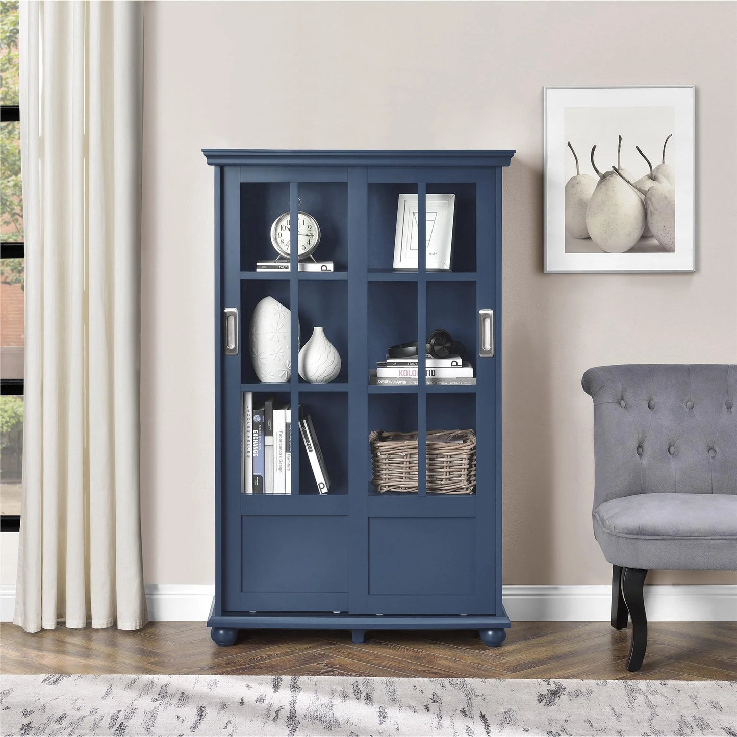 Aaron Lane Bookcase with Sliding Glass Doors, Multiple Colors - BLUE