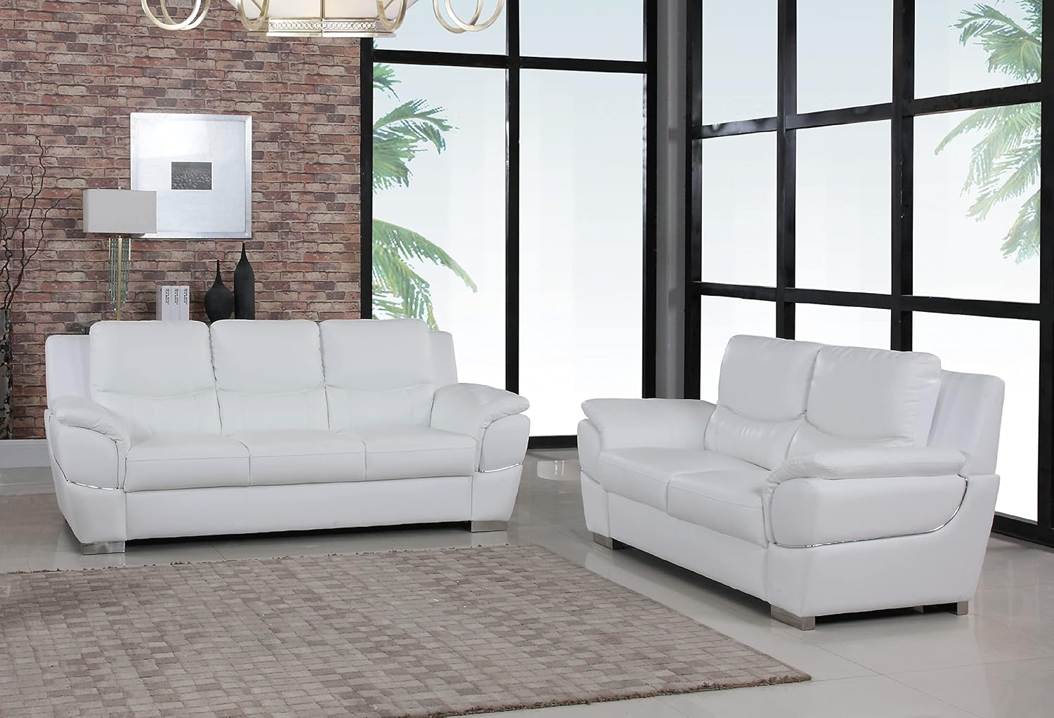 Binion Modern Leather 2 Piece Couch Set for Living Room with Padded Headrests, Stainless Steel Legs & Accent Chrome Trim, Loveseat, Sofa, White