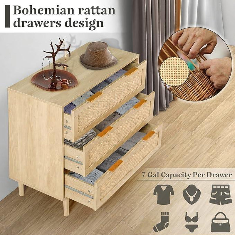 Rattan 3/6 Drawer Dresser，Closet Dressers Chest of Drawers，Nightstand with Storage Versatile Bedside Table，Storage Chest for Bedroom, Hallway, Living Room Tv Stand