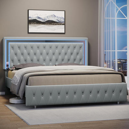 【Holiday Deal】Amerlife LED Bed Frame with Led Lights Adjustable Headboard Velvet Button Tufted/Acrylic Mirror Accents, No Box Spring Needed