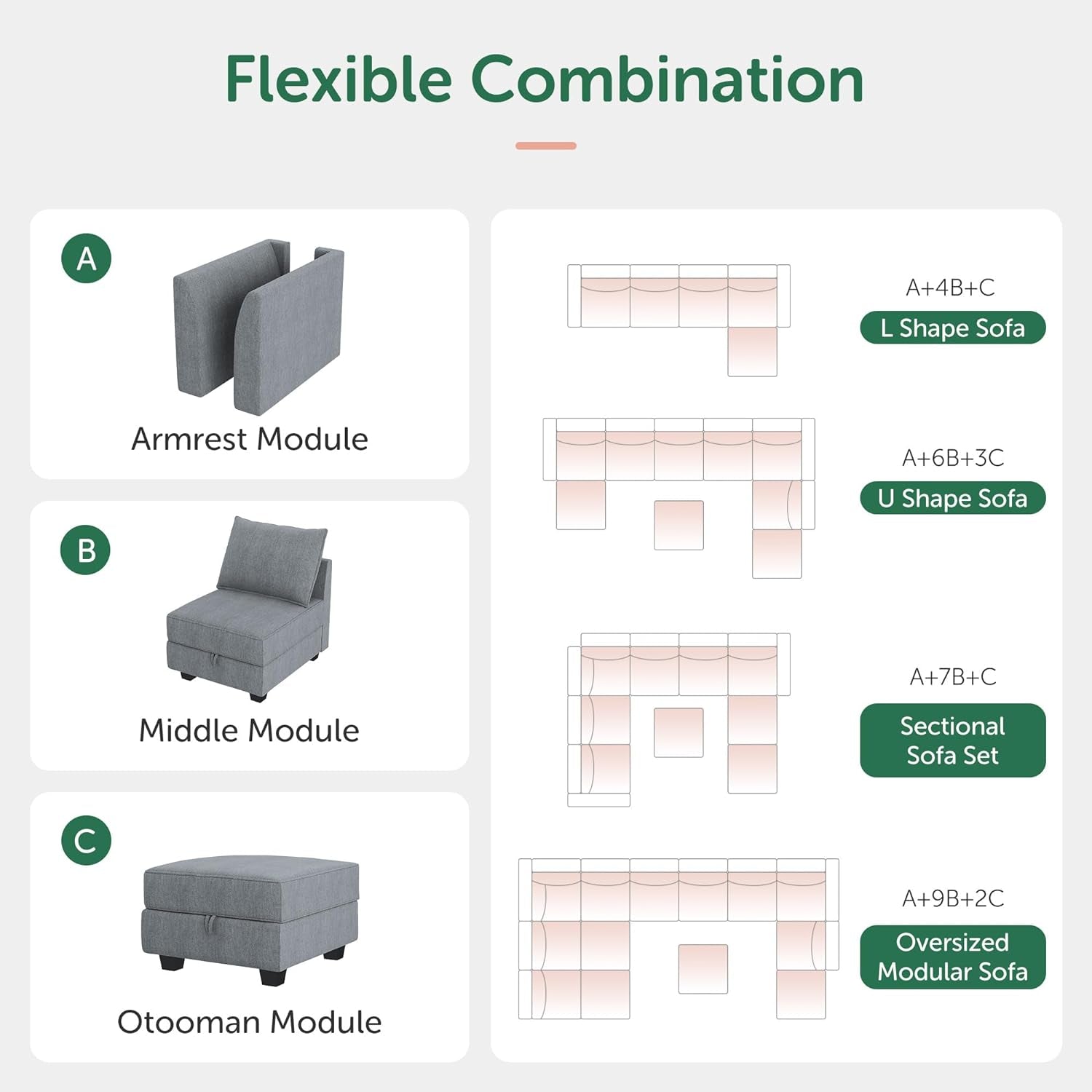 Modular Sectional Sofa U Shaped Sectional Couch with Reversible Chaise Modular Couch with Storage, Bluish Grey