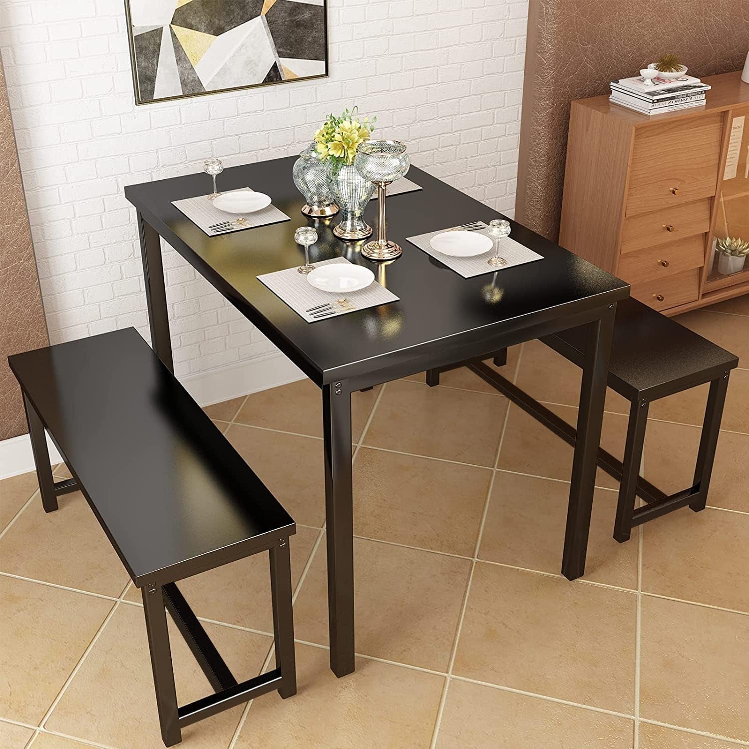 47” Dining Table Set with Benches, 3 Pieces Dining Room Table Set for 4, Wood Kitchen Table and Chair Set with Sturdy Frame, Space Saving Dinette Set for Breakfast Nook, Black