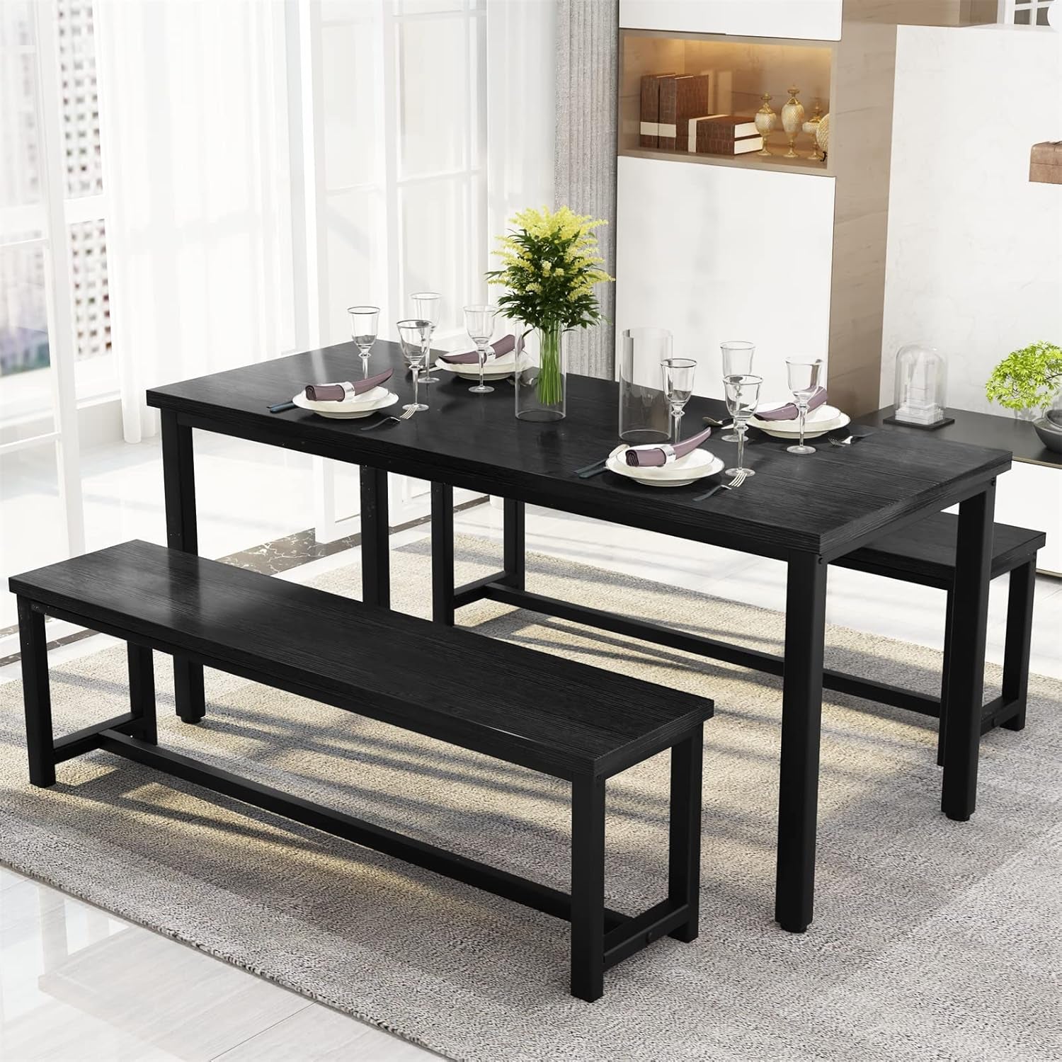 47” Dining Table Set with Benches, 3 Pieces Dining Room Table Set for 4, Wood Kitchen Table and Chair Set with Sturdy Frame, Space Saving Dinette Set for Breakfast Nook, Black