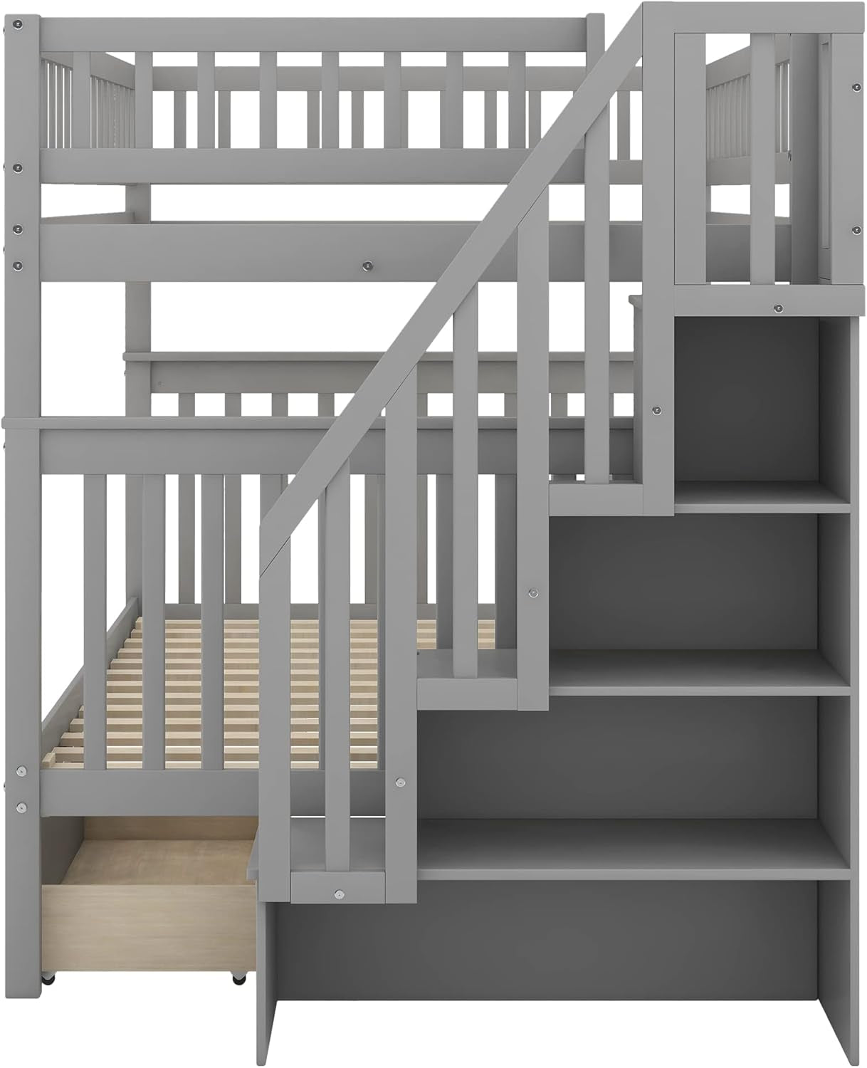 Stairway Bunk Beds Full over Full, Wooden Full Bunk Bed with Steps and 2 Drawers, Bunk Beds Frame with Shelves Storage for Kids(Grey)