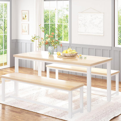 47” Dining Table Set with Benches, 3 Pieces Dining Room Table Set for 4, Wood Kitchen Table and Chair Set, Space Saving Dinette Set for Breakfast Nook, Dining Room, Beige