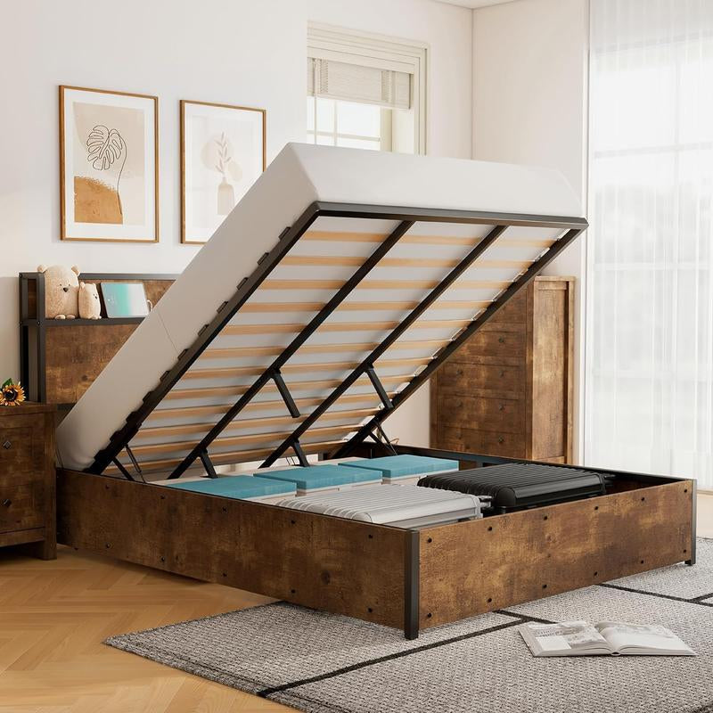 AMERLIFE Full Size Lift up Storage Bed, Wood Platform Bed Frame with Storage Headboard & Charging Station, No Box Spring Needed, Easy Assembly