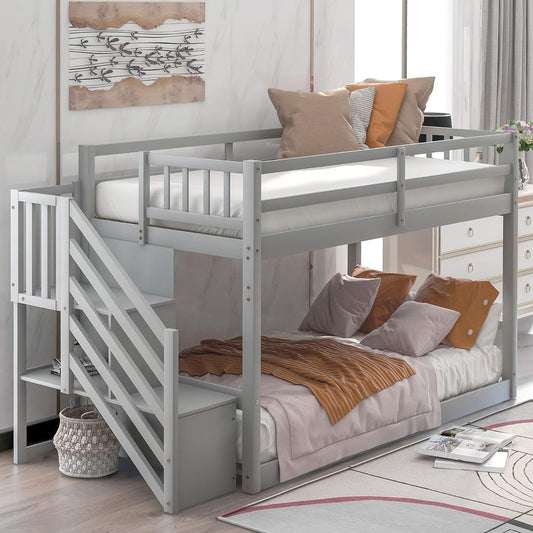 Twin Bunk Beds with Storage for Kids, Low Profile Bunk Beds with Staircase, No Box Spring Needed