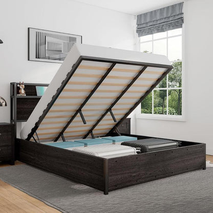 AMERLIFE Full Size Lift up Storage Bed, Wood Platform Bed Frame with Storage Headboard & Charging Station, No Box Spring Needed, Easy Assembly