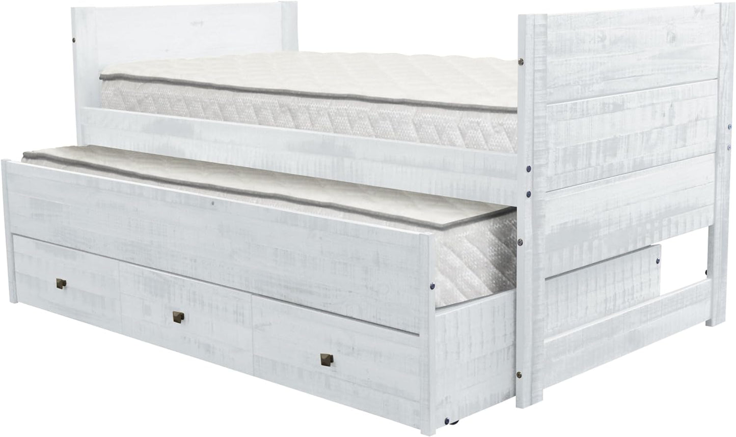 All in One Twin Bed with Twin Trundle and 3 Built in Drawers, Rustic White