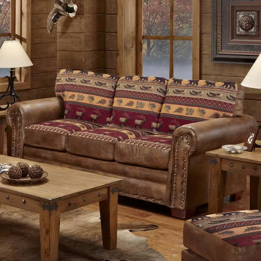 Sierra Lodge 88 In. Brown/Red Pattern Microfiber 4-Seater English Rolled Arm Sofa with Nailheads