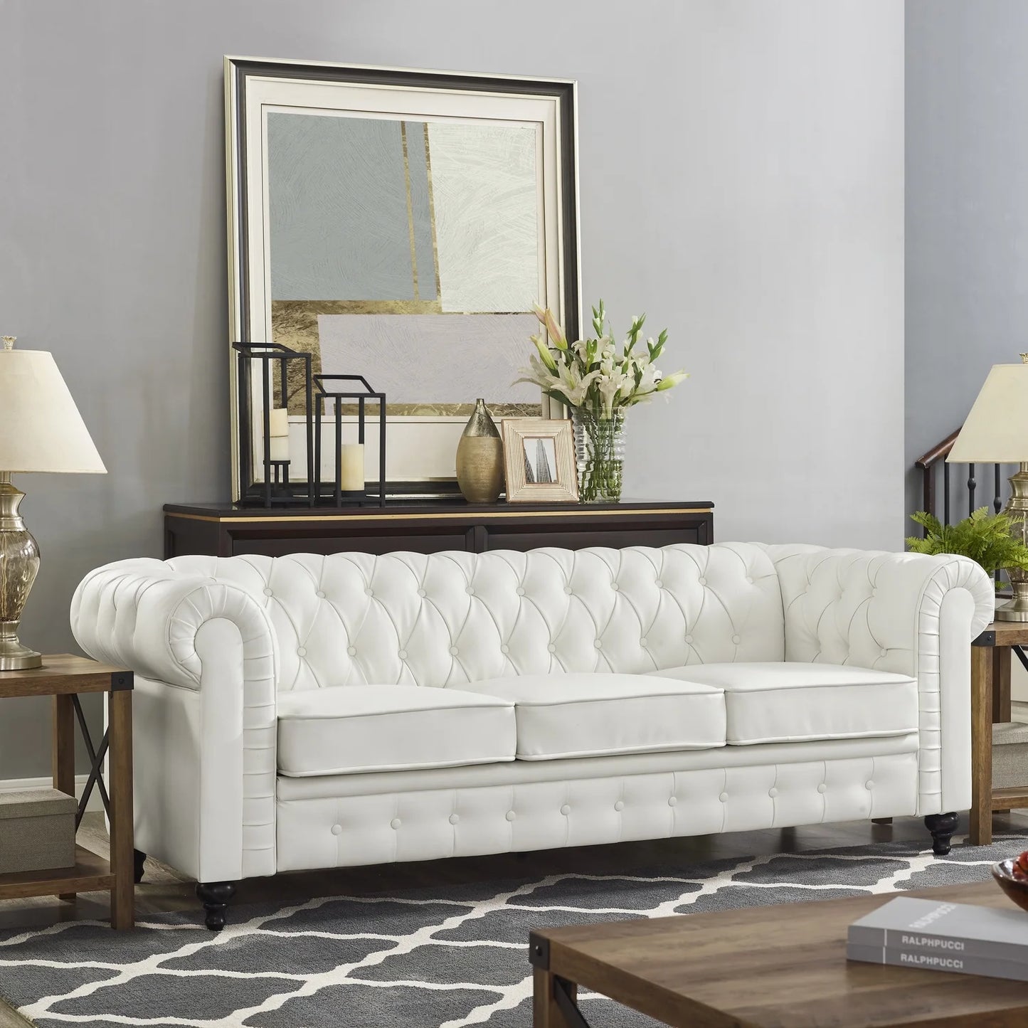 Chesterfield Sofa Set - Color: White, Size: Sofa Loveseat