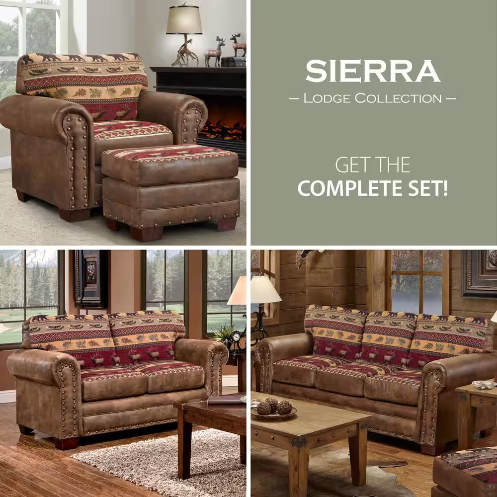 Sierra Lodge 88 In. Brown/Red Pattern Microfiber 4-Seater English Rolled Arm Sofa with Nailheads