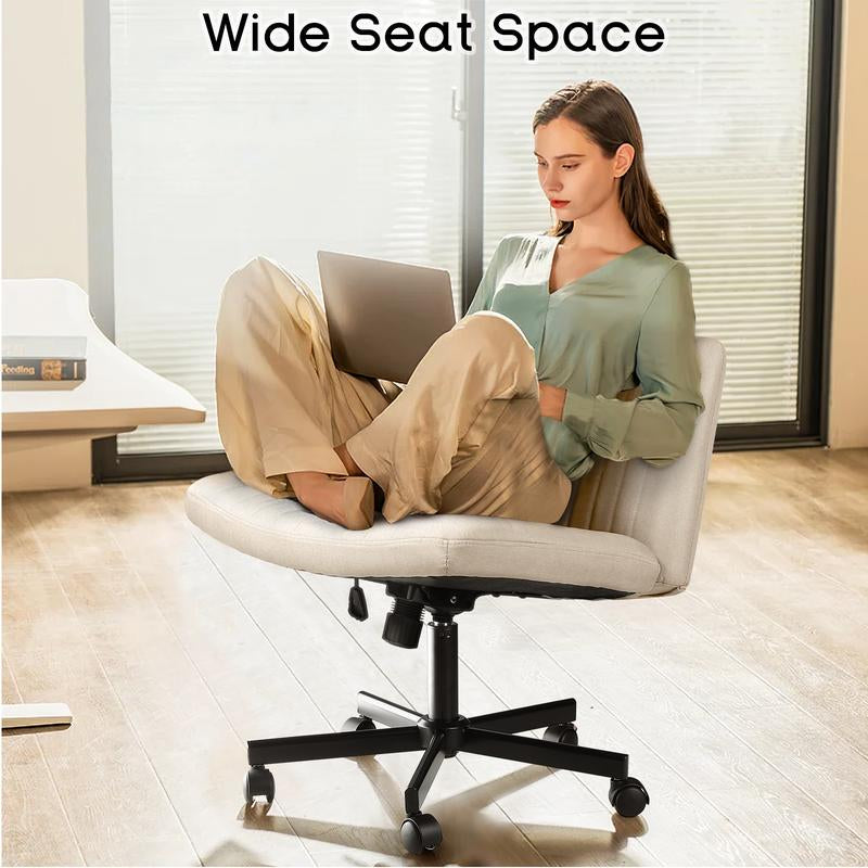 PUKAMI Criss Cross Chair with Wheels,Office Chair,Desk Chair,Computer Chair,Fabric Padded Armless Cross Legged Office Desk Chair for Home Office,Modern Swivel Height Adjustable Wide Seat Computer Task Vanity Chair