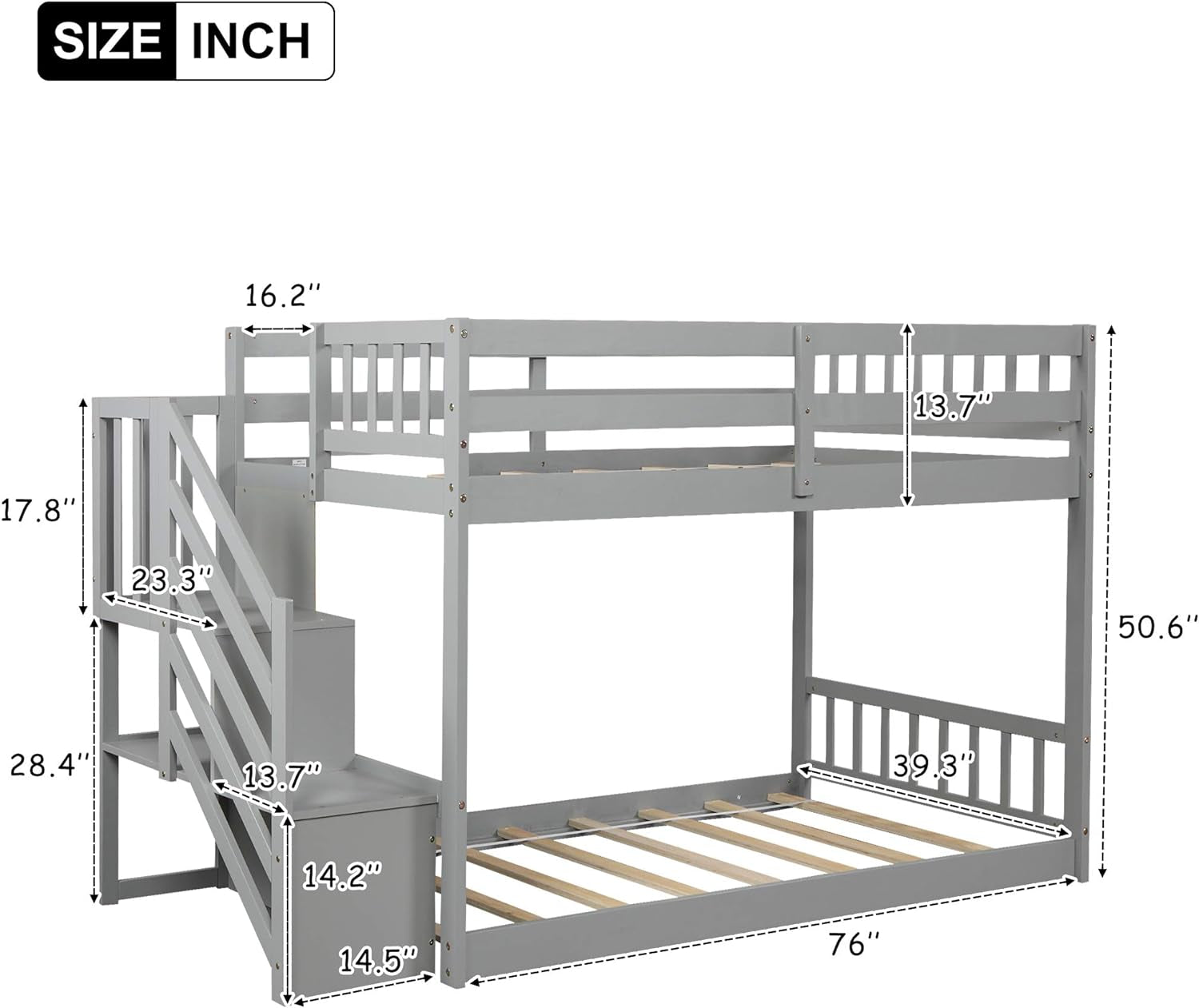 Twin Bunk Beds with Storage for Kids, Low Profile Bunk Beds with Staircase, No Box Spring Needed