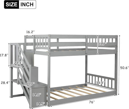 Twin Bunk Beds with Storage for Kids, Low Profile Bunk Beds with Staircase, No Box Spring Needed