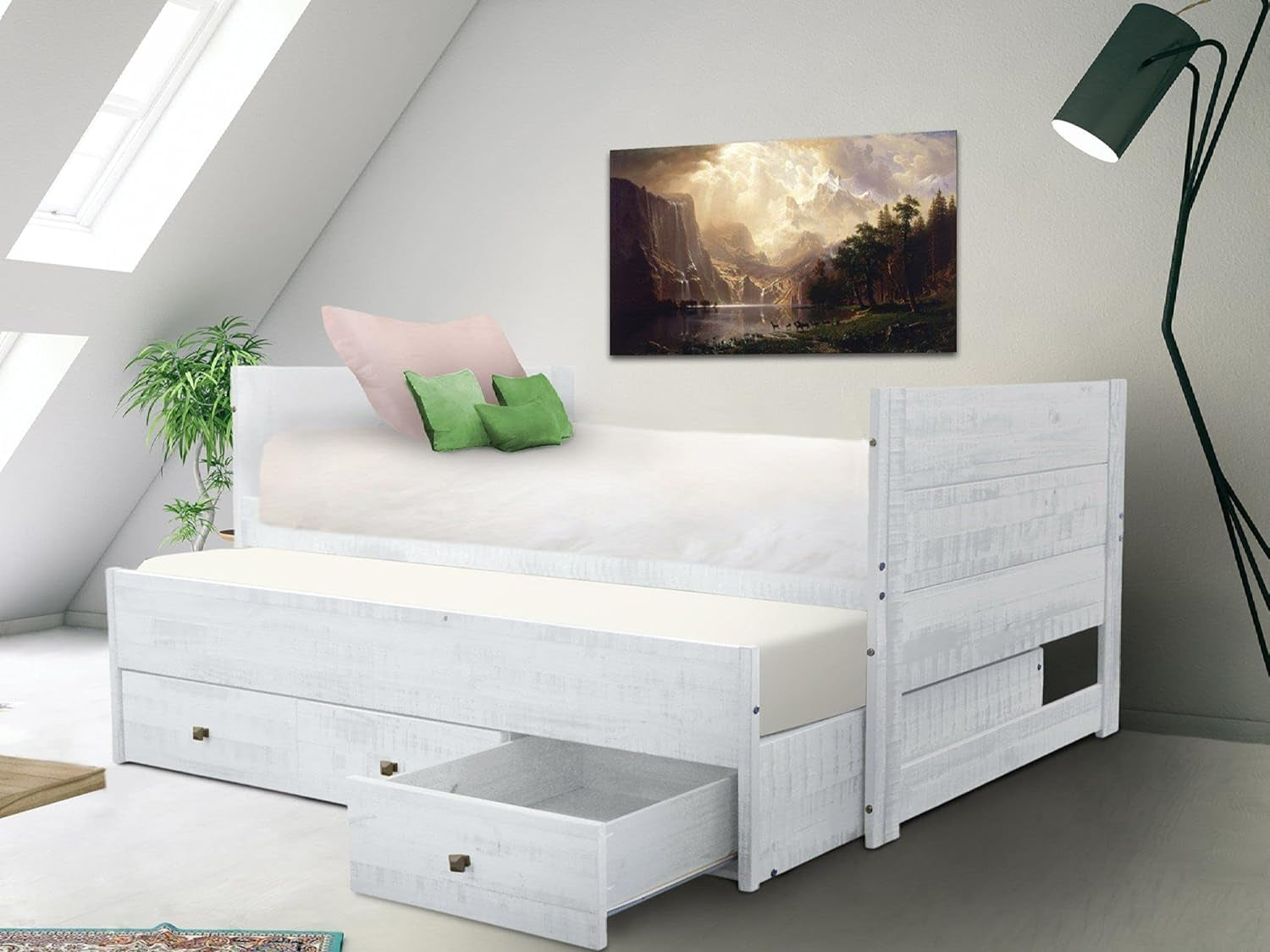 All in One Twin Bed with Twin Trundle and 3 Built in Drawers, Rustic White