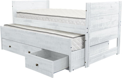 All in One Twin Bed with Twin Trundle and 3 Built in Drawers, Rustic White