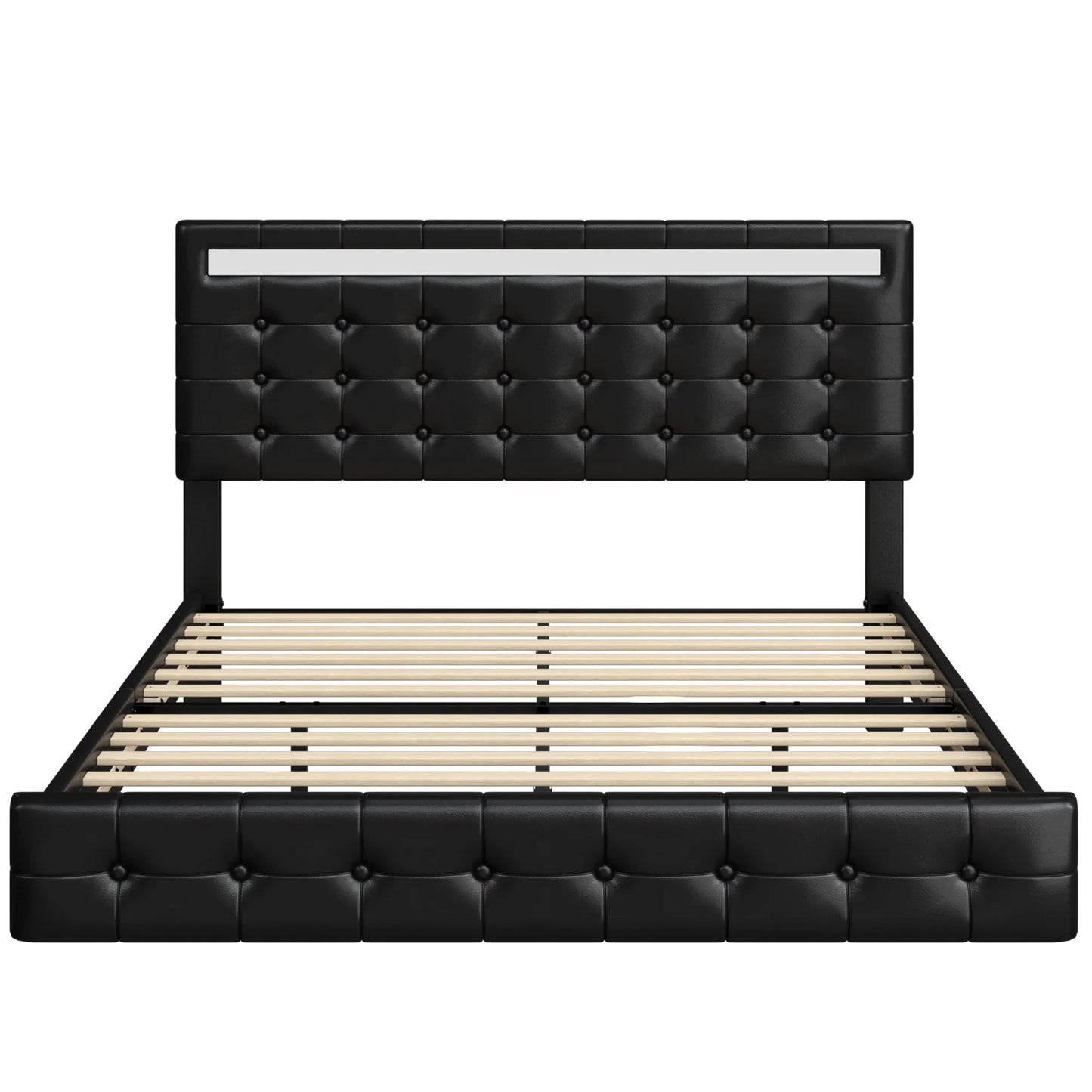 Full Floating Bed with Lights, LED Platform Bed Frame with under Bed Storage, PU Leather Adjustable Tufted Upholstered Bed, Black