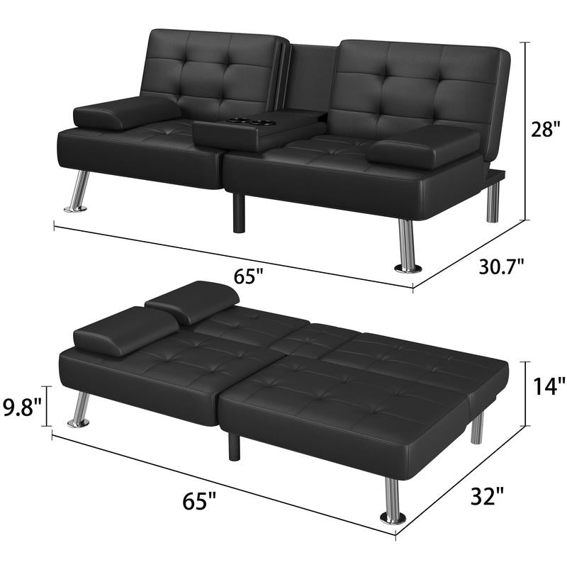 【Black Friday】Homall Futon Sofa Bed Faux Leather Couch Modern Convertible Folding Recliner with 2 Cup Holders