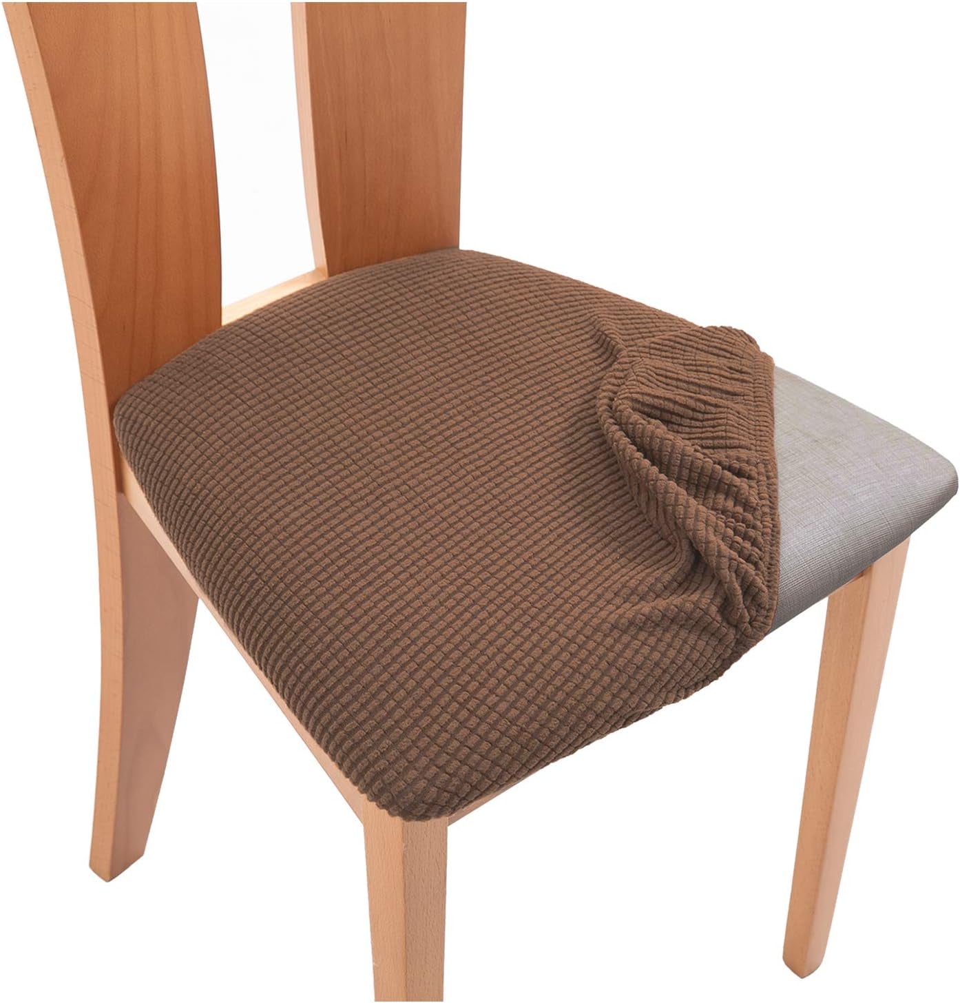 Spandex Jacquard Seat Covers for Dining Room Chairs, Washable Elastic Dining Chair Seat Covers, Nonslip Chair Seat Cover for Kitchen Chair (4 Pack, Coffee)