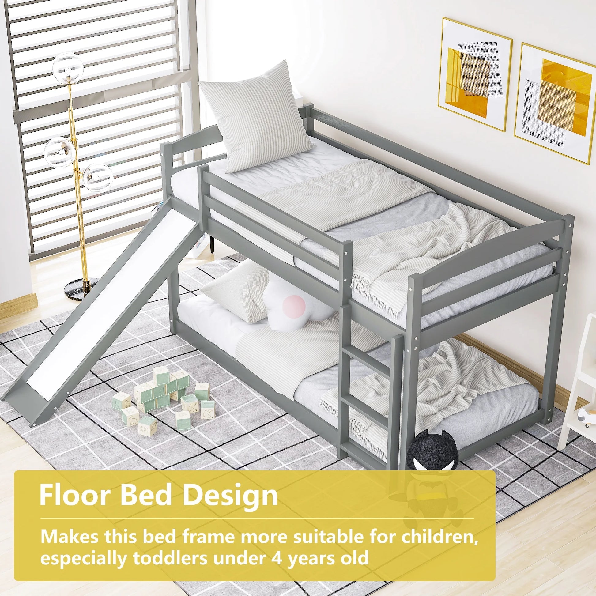 Floor Bunk Bed with Convertible Slide and Ladder,  Wood Bunk Beds with Guardrail for Boys Girls Toddlers, Gray Twin over Twin Bunk Bed, Kids Floor Bunk Bed for Home Children’S Room, TE838