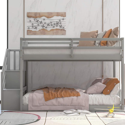 Twin Bunk Beds with Storage for Kids, Low Profile Bunk Beds with Staircase, No Box Spring Needed