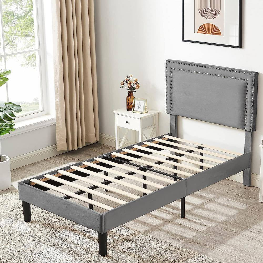 Upholstered Bed with Adjustable Headboard, No Box Spring Needed Platform Bed Frame, Bed Frame Gray Twin Bed