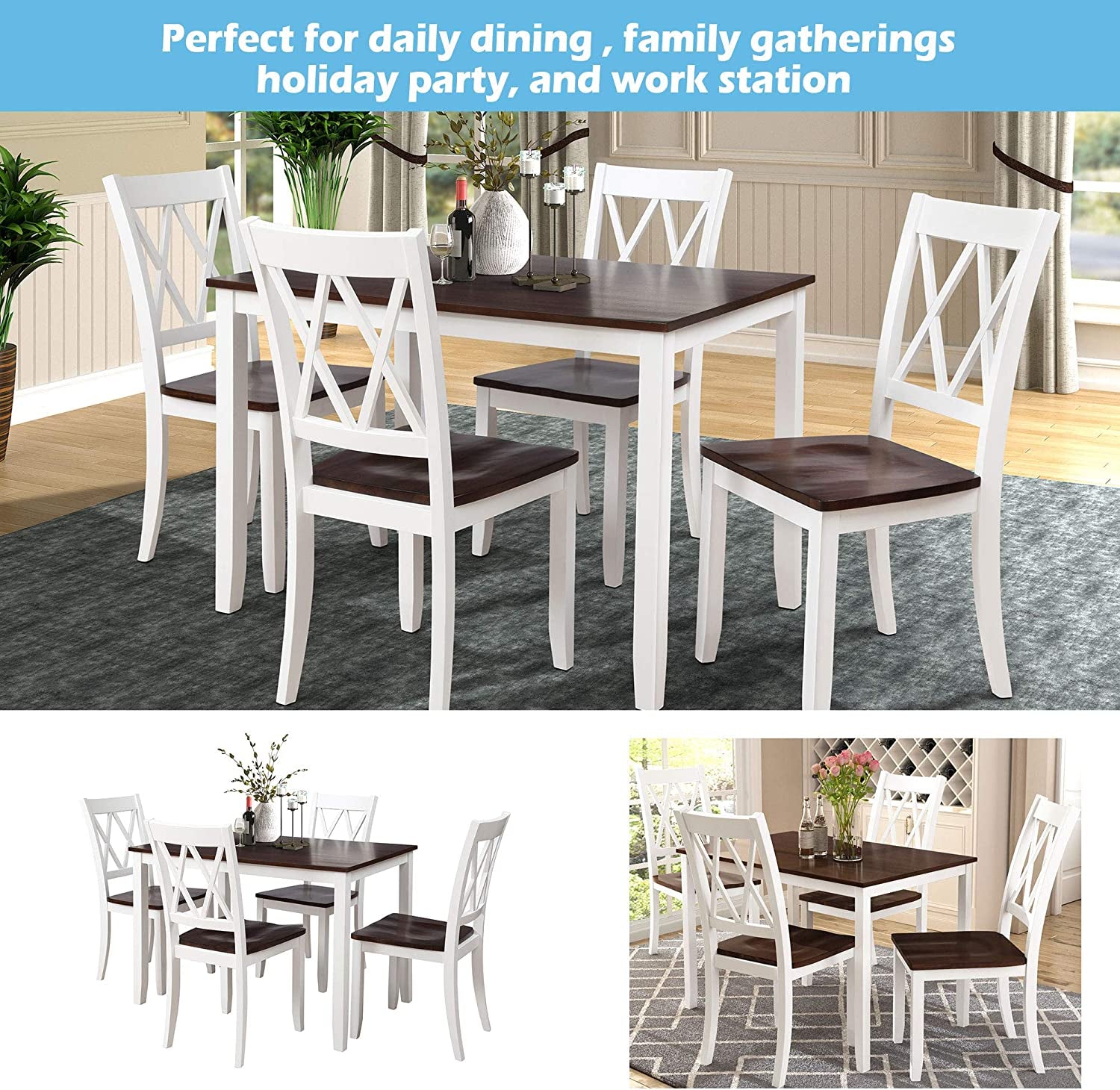 Dining Table Set, 5 Piece Kitchen Dining Table Set, Wooden Dining Table and Chair Set, Kitchen Dining Room Furniture (White+Cherry)