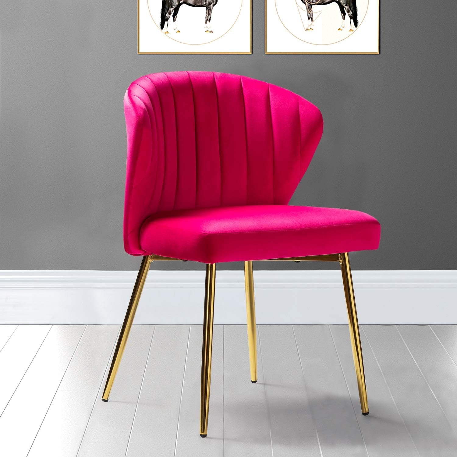 Modern Living Dining Room Chairs, Small Velvet Accent Chair with Golden Metal Legs, Upholstered Cute Tufted Back Side Chair for Kitchen Vanity Patio Beauty Room/Fuchsia