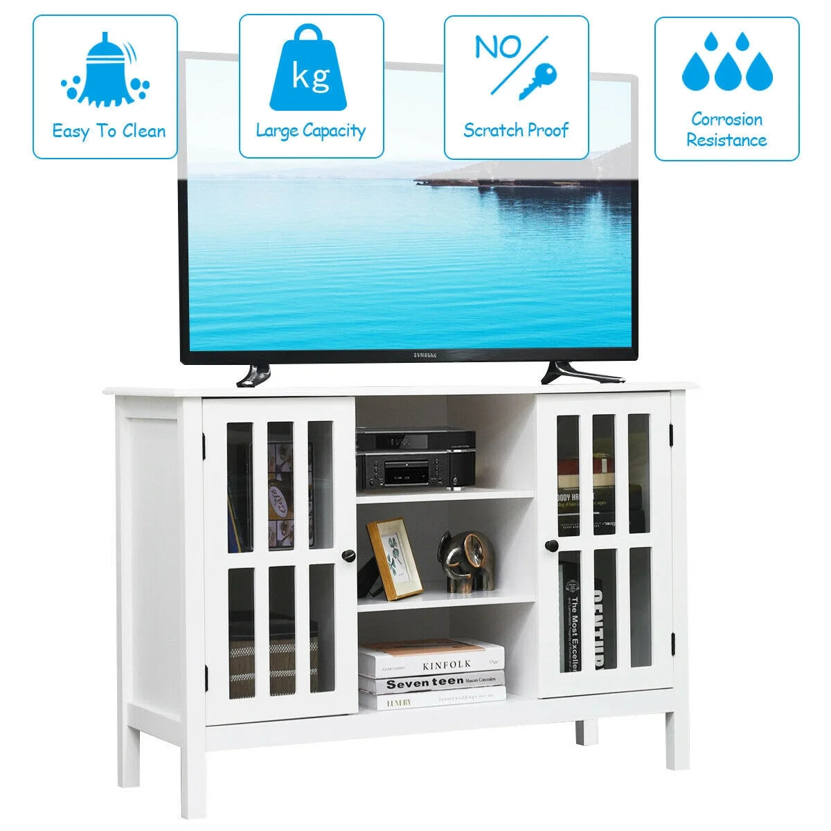 Wood TV Stand Entertainment Media Center Console for TV up to 50'' White