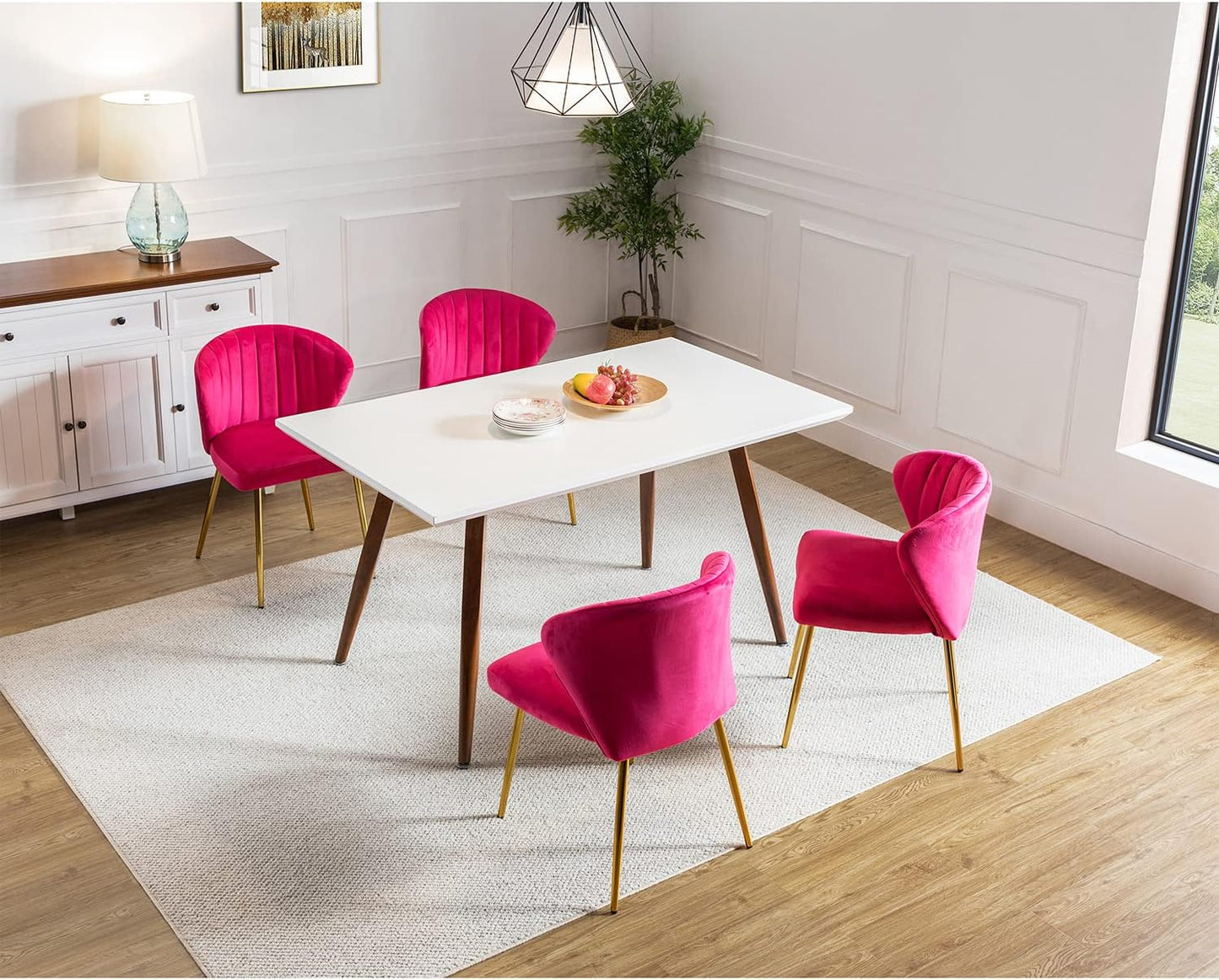 Modern Living Dining Room Chairs, Small Velvet Accent Chair with Golden Metal Legs, Upholstered Cute Tufted Back Side Chair for Kitchen Vanity Patio Beauty Room/Fuchsia