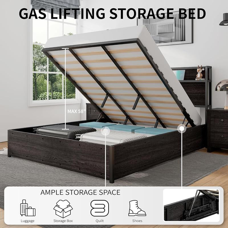 AMERLIFE Full Size Lift up Storage Bed, Wood Platform Bed Frame with Storage Headboard & Charging Station, No Box Spring Needed, Easy Assembly