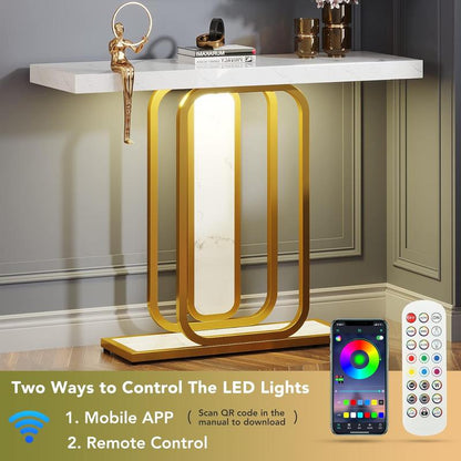 Tribesigns Modern Gold White Console Table with LED Lights