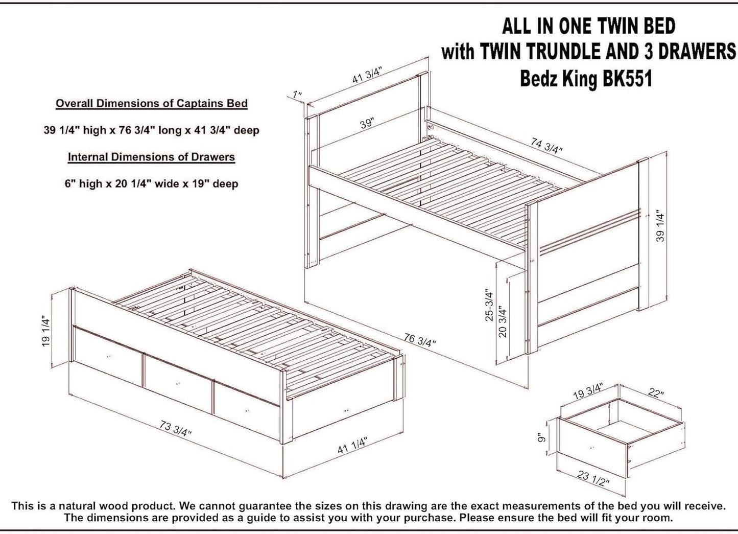 All in One Twin Bed with Twin Trundle and 3 Built in Drawers, Rustic White