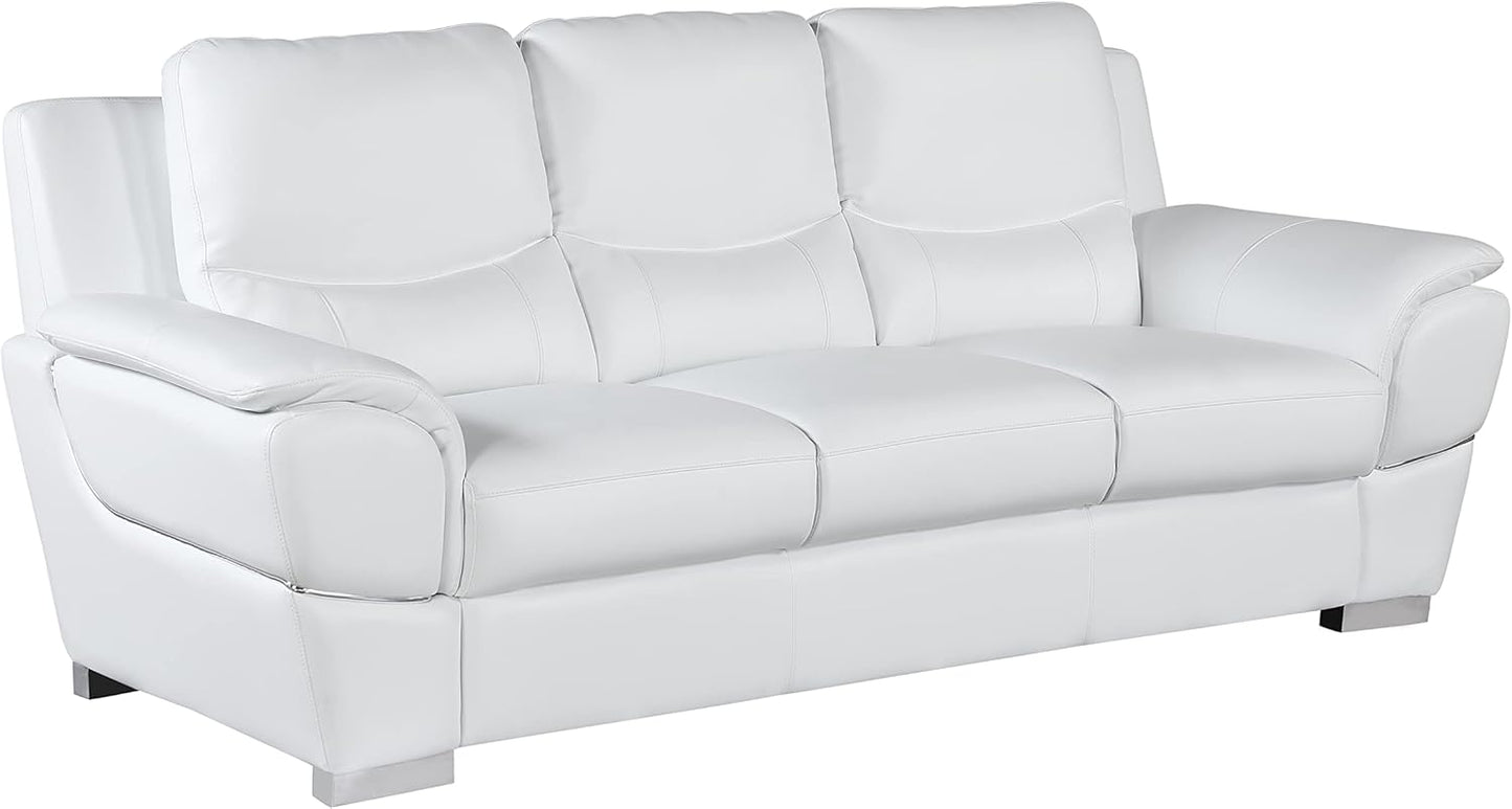 Binion Modern Leather 2 Piece Couch Set for Living Room with Padded Headrests, Stainless Steel Legs & Accent Chrome Trim, Loveseat, Sofa, White