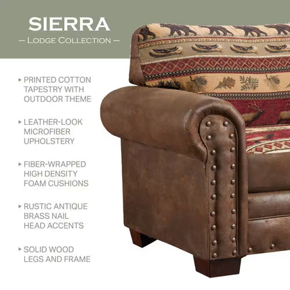 Sierra Lodge 88 In. Brown/Red Pattern Microfiber 4-Seater English Rolled Arm Sofa with Nailheads