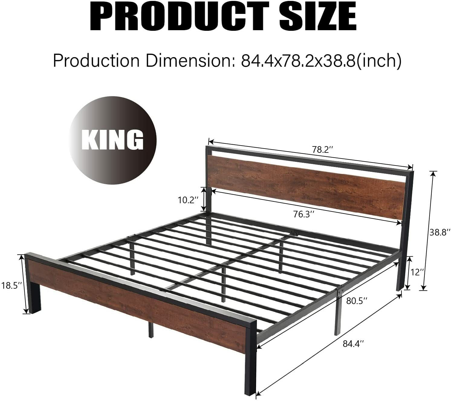 King Size Metal Platform Bed Frame with Wooden Headboard & Footboard,Maho