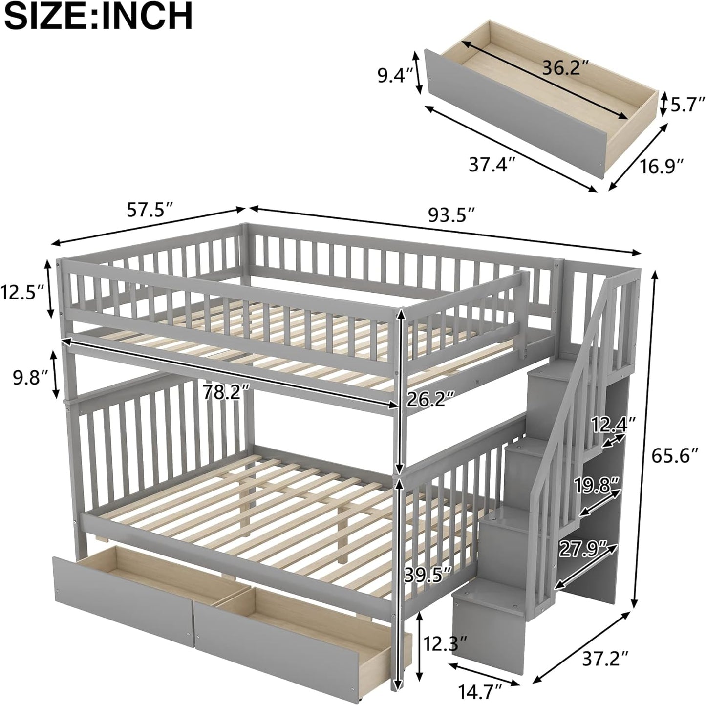 Stairway Bunk Beds Full over Full, Wooden Full Bunk Bed with Steps and 2 Drawers, Bunk Beds Frame with Shelves Storage for Kids(Grey)