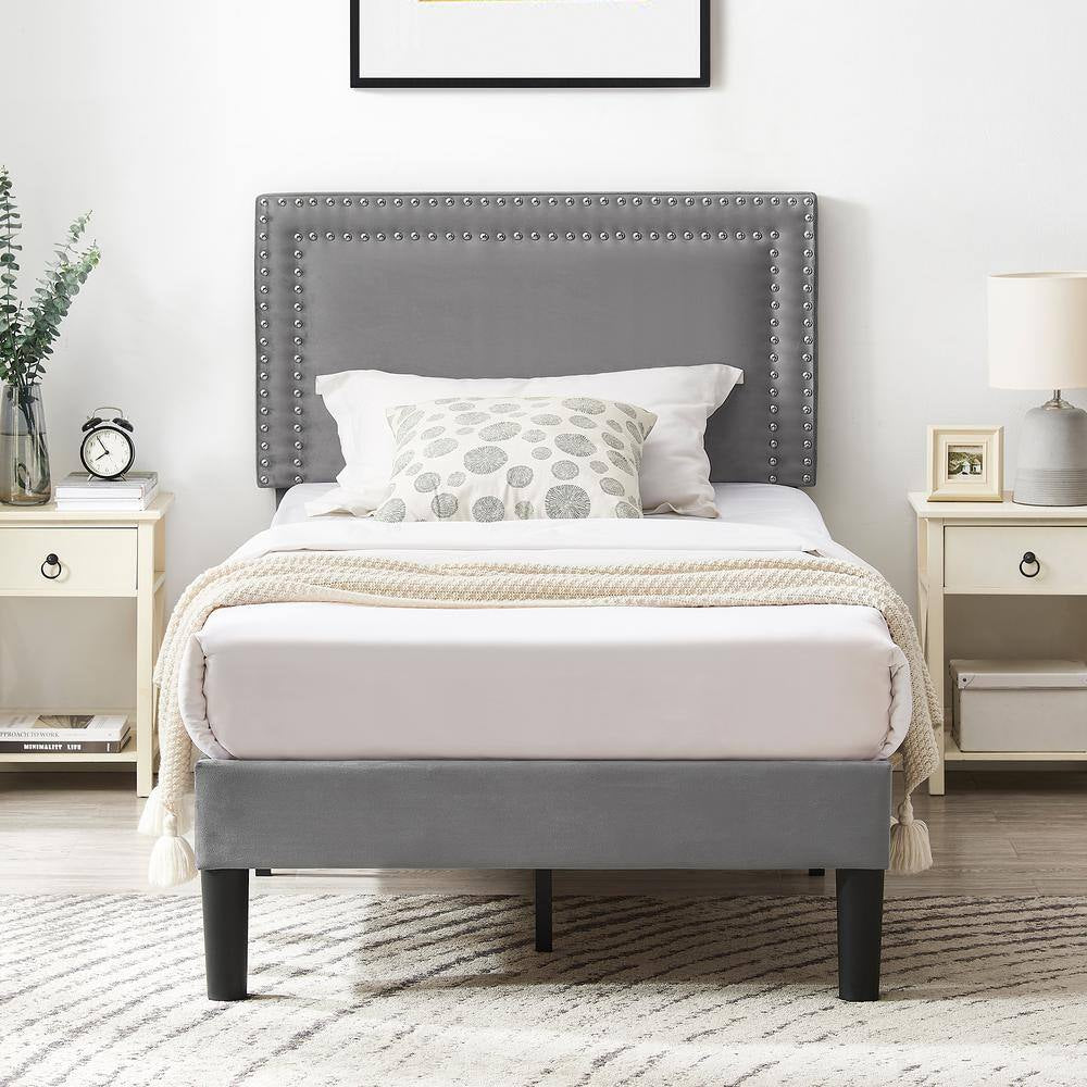 Upholstered Bed with Adjustable Headboard, No Box Spring Needed Platform Bed Frame, Bed Frame Gray Twin Bed