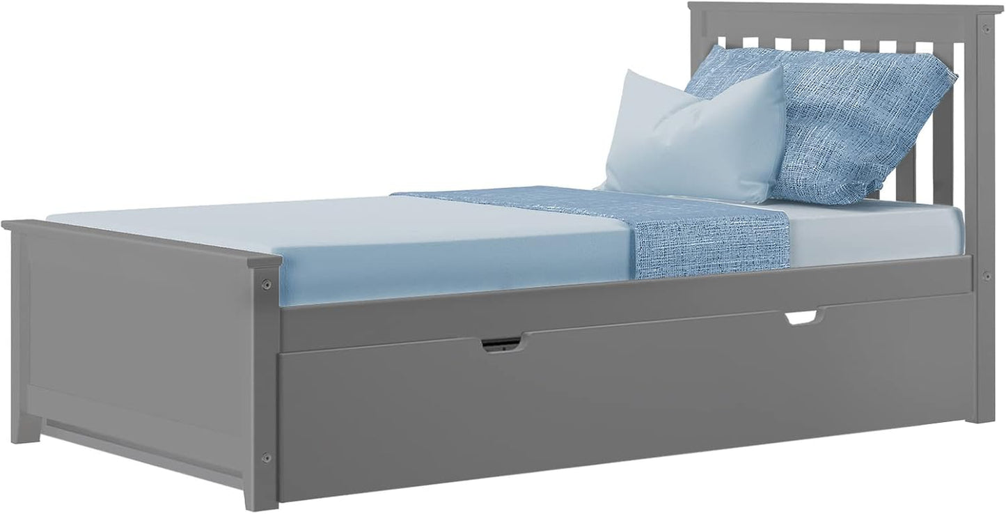 Twin Bed, Wood Bed Frame with Headboard for Kids with Trundle, Slatted, Grey