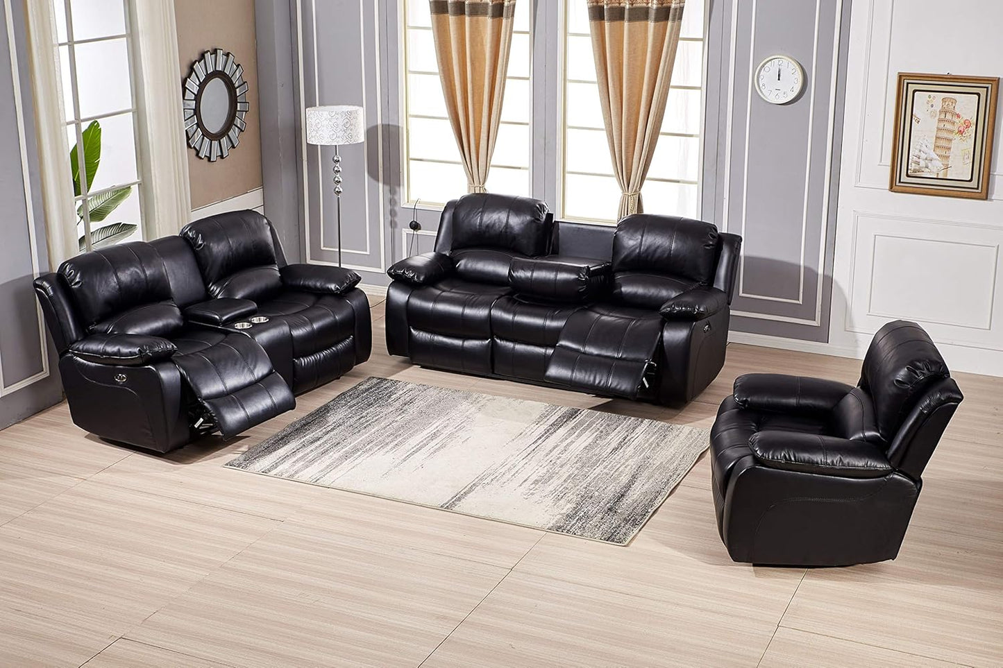 Power Reclining Bonded Leather Living Room Set (Black, Sofa+Loveseat+Chair)