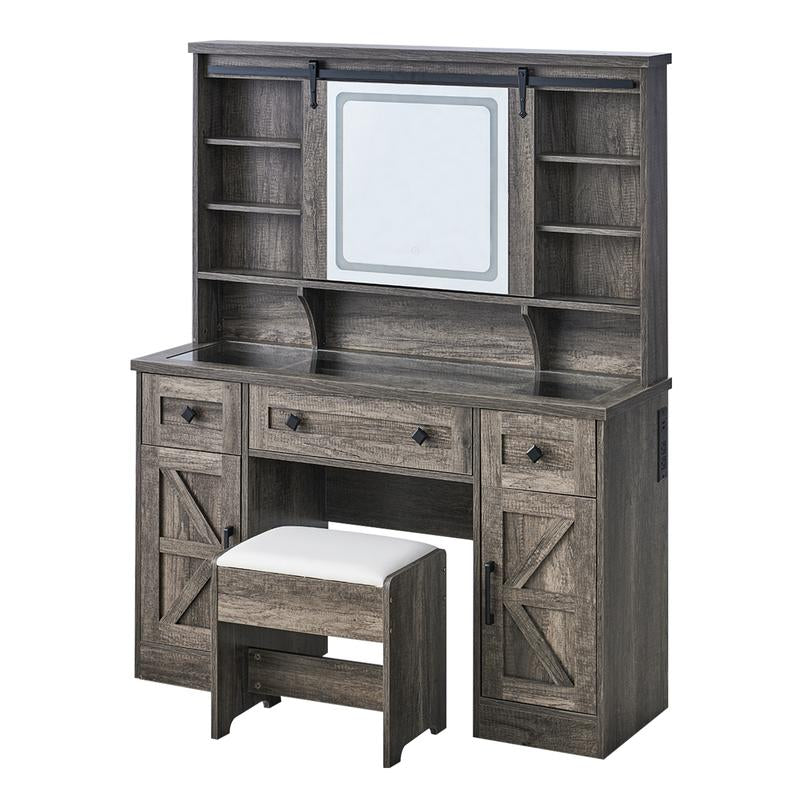 AMERLIFE Farmhouse 47.2" Makeup Vanity Desk with Charging Station, Vanity Set with Stool & Sliding Mirror & 3 Brightness Lights, Glass Desktop