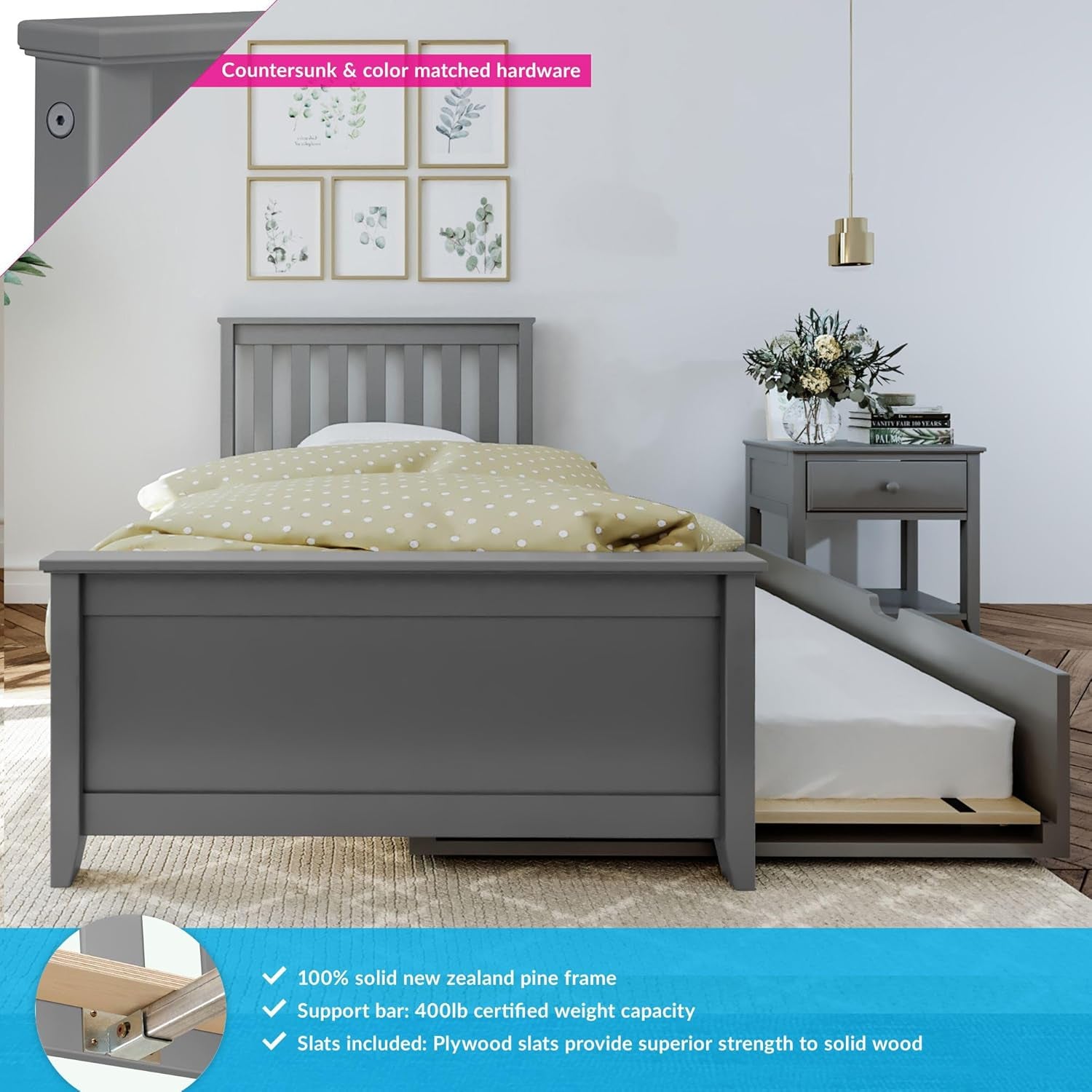 Twin Bed, Wood Bed Frame with Headboard for Kids with Trundle, Slatted, Grey