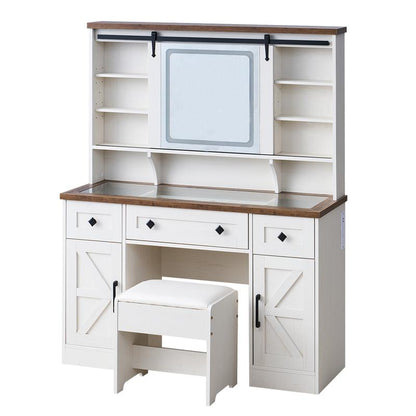 AMERLIFE Farmhouse 47.2" Makeup Vanity Desk with Charging Station, Vanity Set with Stool & Sliding Mirror & 3 Brightness Lights, Glass Desktop