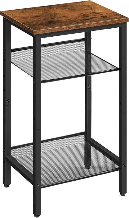 Side Table, 3-Tier Tall End Telephone Table with Adjustable Mesh Shelves, Small Entry Table for Living Room Bedroom Hallway or Office, Rustic Brown and Black BF01DH01G1