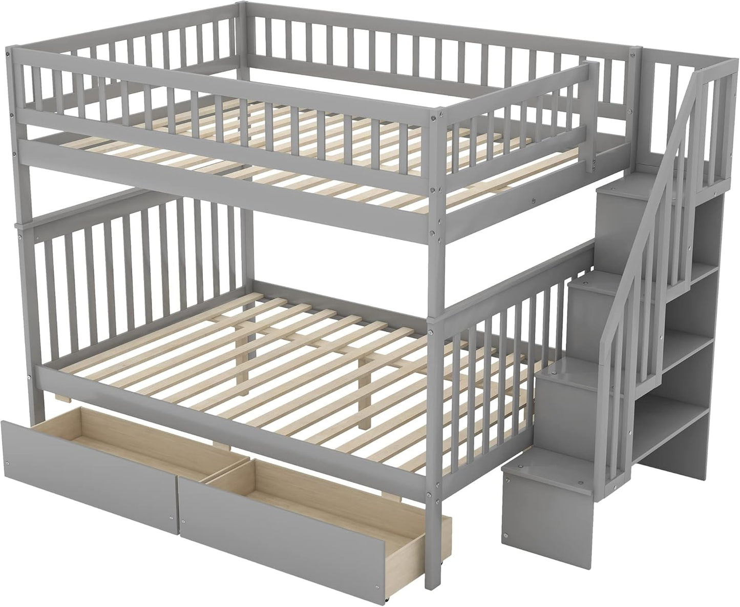 Stairway Bunk Beds Full over Full, Wooden Full Bunk Bed with Steps and 2 Drawers, Bunk Beds Frame with Shelves Storage for Kids(Grey)