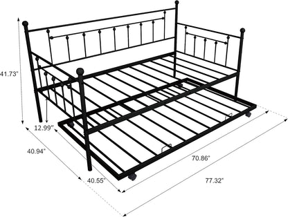 Twin Size Metal Frame Daybed with Trundle,Heavy Duty Steel Slat Support Saving Space Bed Sofa,Bedroom Living Room Furniture for Guest,No Spring Box Needed Black, Black