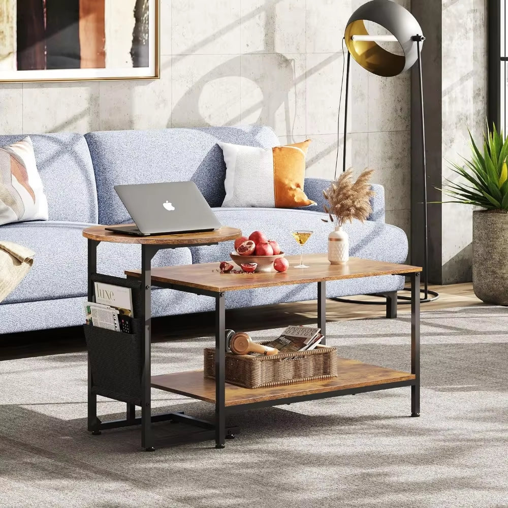 Coffee Table, 2 in 1 Design Nesting Coffee Table with Side Pouch for Living Room, Small round and Rectangular Living Room