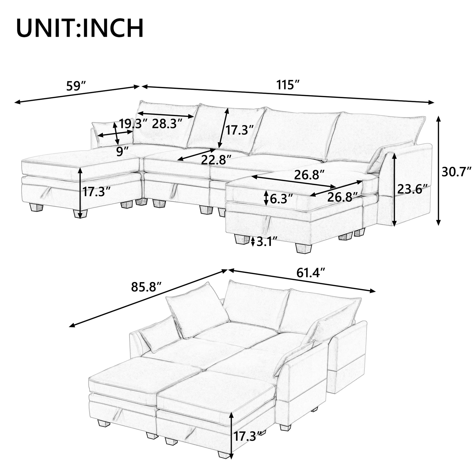 115" Large U/L Shaped Sectional Sofa, 1200LBS 6 Seat Convertible Couch Queen Size Sleeper Bed with Storage Seat and Removable Cushions, Modular Sofa with 2 Stools, Beige