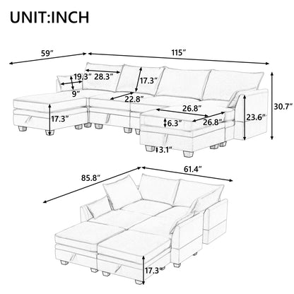 115" Large U/L Shaped Sectional Sofa, 1200LBS 6 Seat Convertible Couch Queen Size Sleeper Bed with Storage Seat and Removable Cushions, Modular Sofa with 2 Stools, Beige